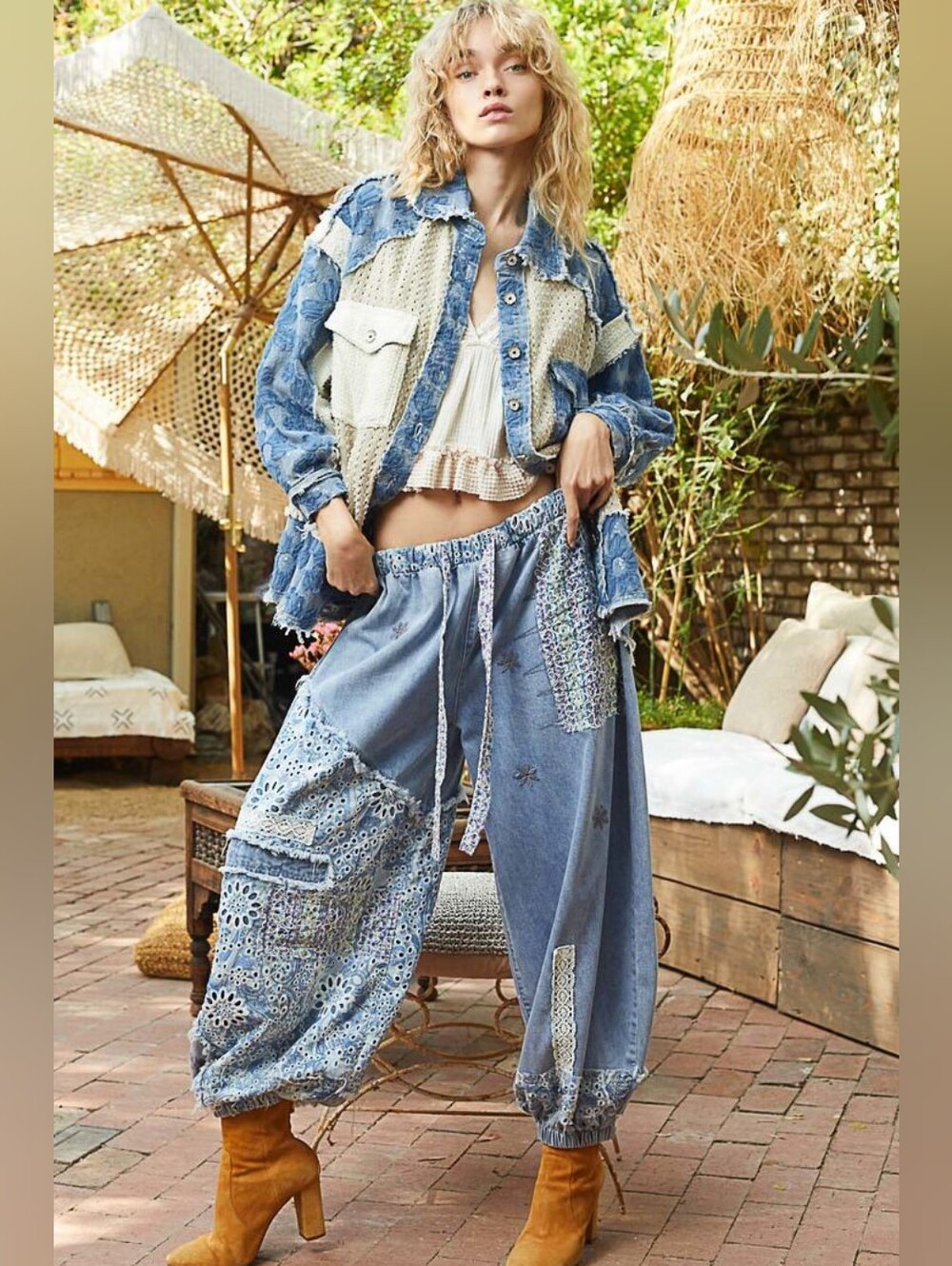 POL Patchwork Denim Jogger Boho Chambray Harem Pants, Light Blue Sz S